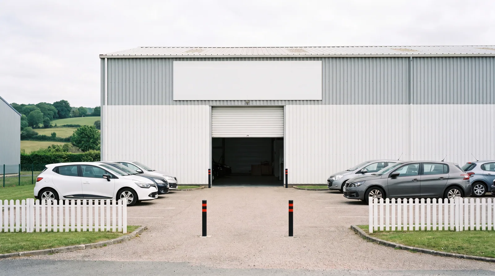 Entrée du site de Casse Auto Tessier : bâtiment industriel blanc et gris avec porte sectionnelle ouverte