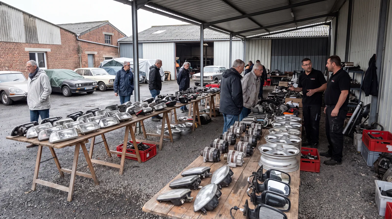 Foire aux pièces : tables de pièces automobiles d’occasion et visiteurs dans la cour de la casse
