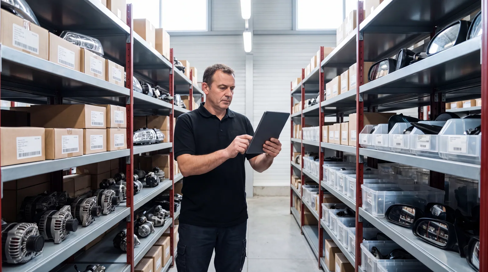 Employé vérifiant la référence d’une pièce automobile sur une tablette devant des rayonnages de phares et d’alternateurs